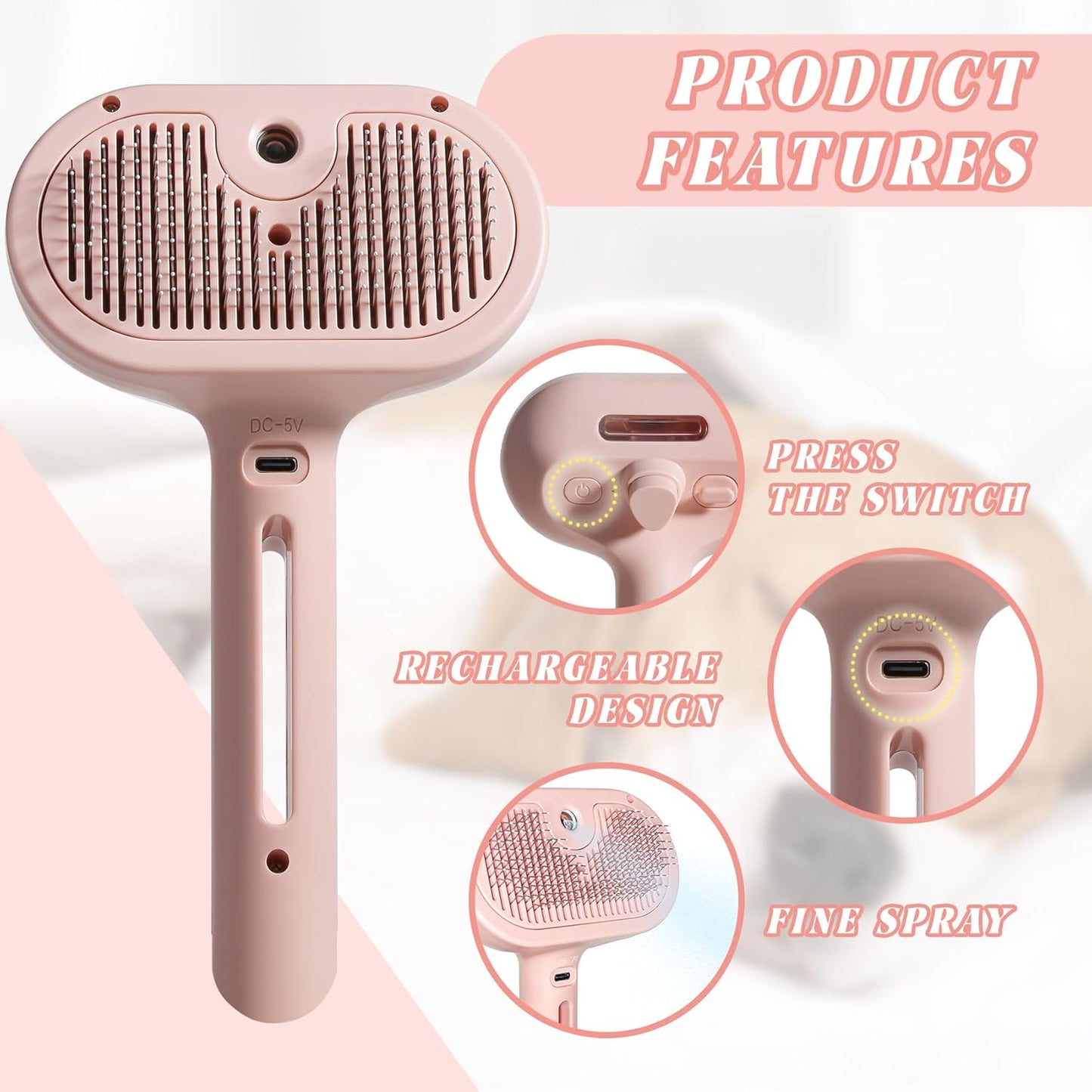 Self-Cleaning Spray Cat Brush for Shedding, Removes Static Flying Hair, and Works Wonders for Both Long and Short-Haired Pets 2 In 1 Cleaning Brush for Cats And Dogs Grooming (pink)