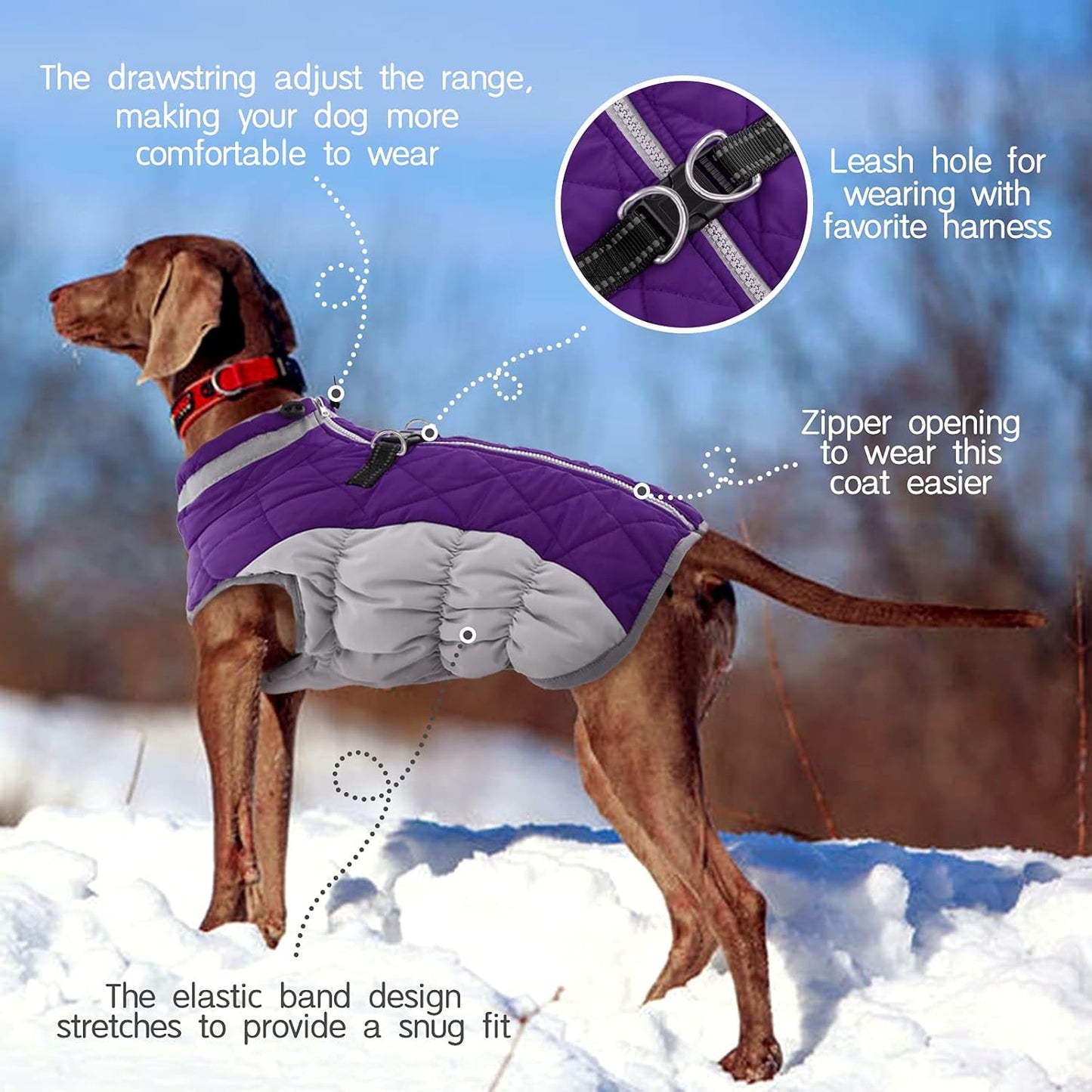 FUAMEY Dog Coat for Large Dogs,Waterproof Dog Winter Jacket with Harness Built in Puppy Cold Weather Coats Reflective Pet Vest with Zipper Warm Fleece Dogs Snowsuit Windproof Purple XL