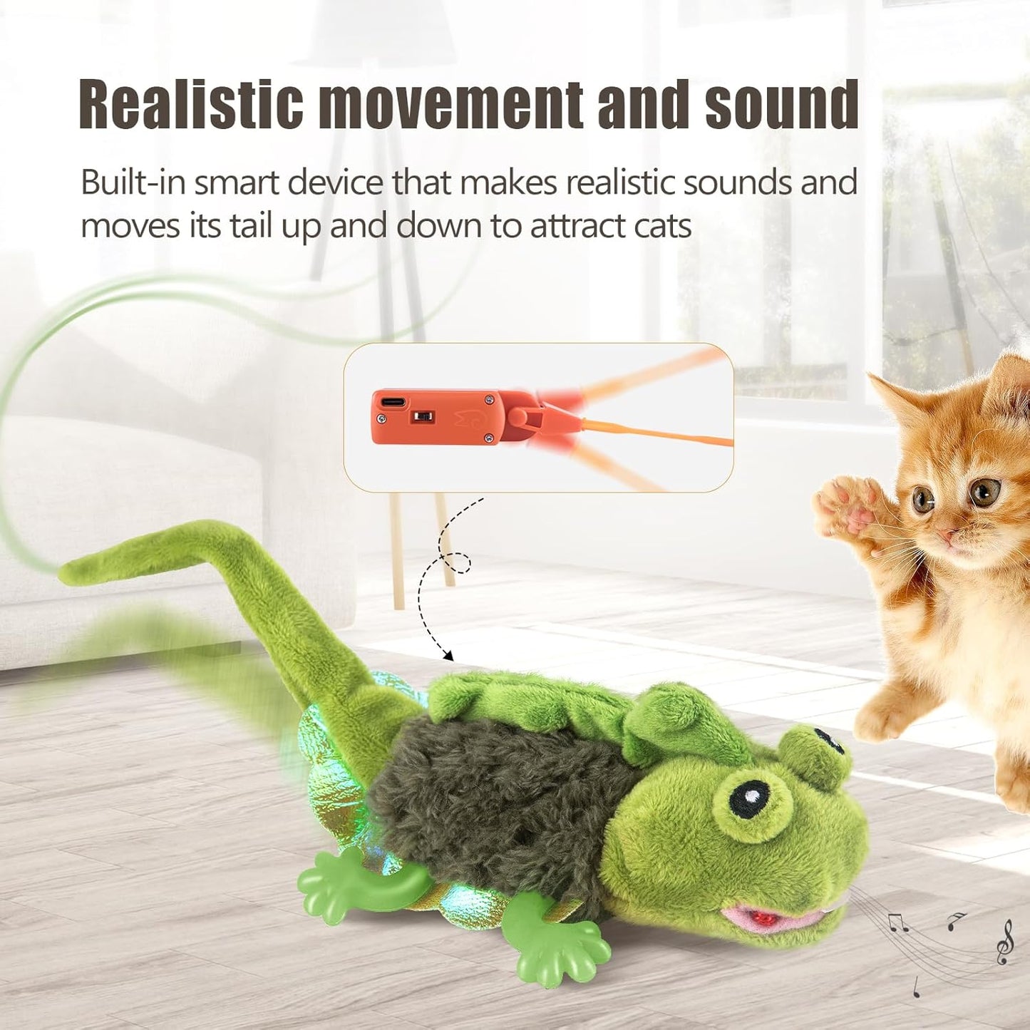 Migipaws Cat Toys, Touch Activated Flapping Chirping Lizard Kitten Toy with Catnip for Indoor Cats Kicker, Rechargeable (Green)