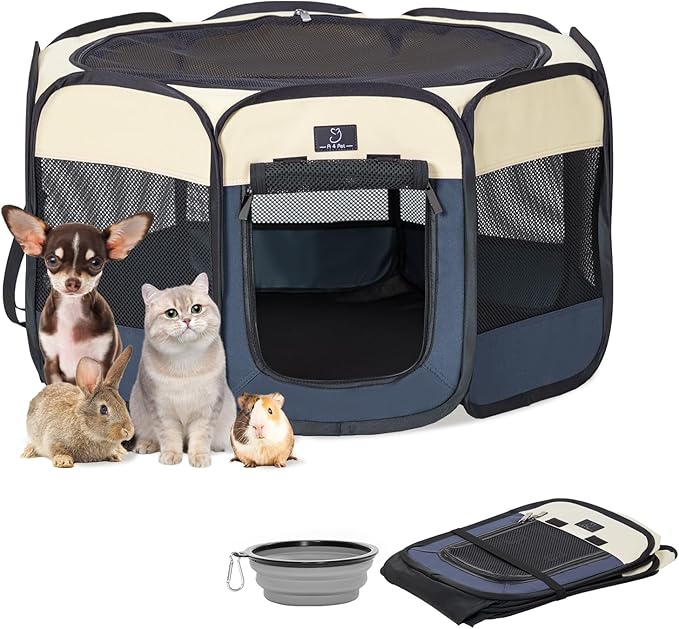 A4Pet Portable Dog Playpen for Small Dogs, 27" Foldable Small Pet Playpen for Puppy/Cat/Rabbit/Chick, Indoor Cat Playpen with Removable Zipper & Mesh Panel(11”W × 7.5”H)