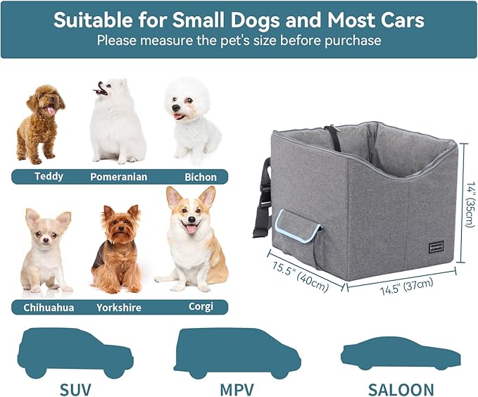 Petsfit Small Dog Car Seat, Pet Travel Car Booster Seat with Safety Belt, Washable Double-Sided Cushion and Storage Pocket for Small Pet (Small, Light Grey)