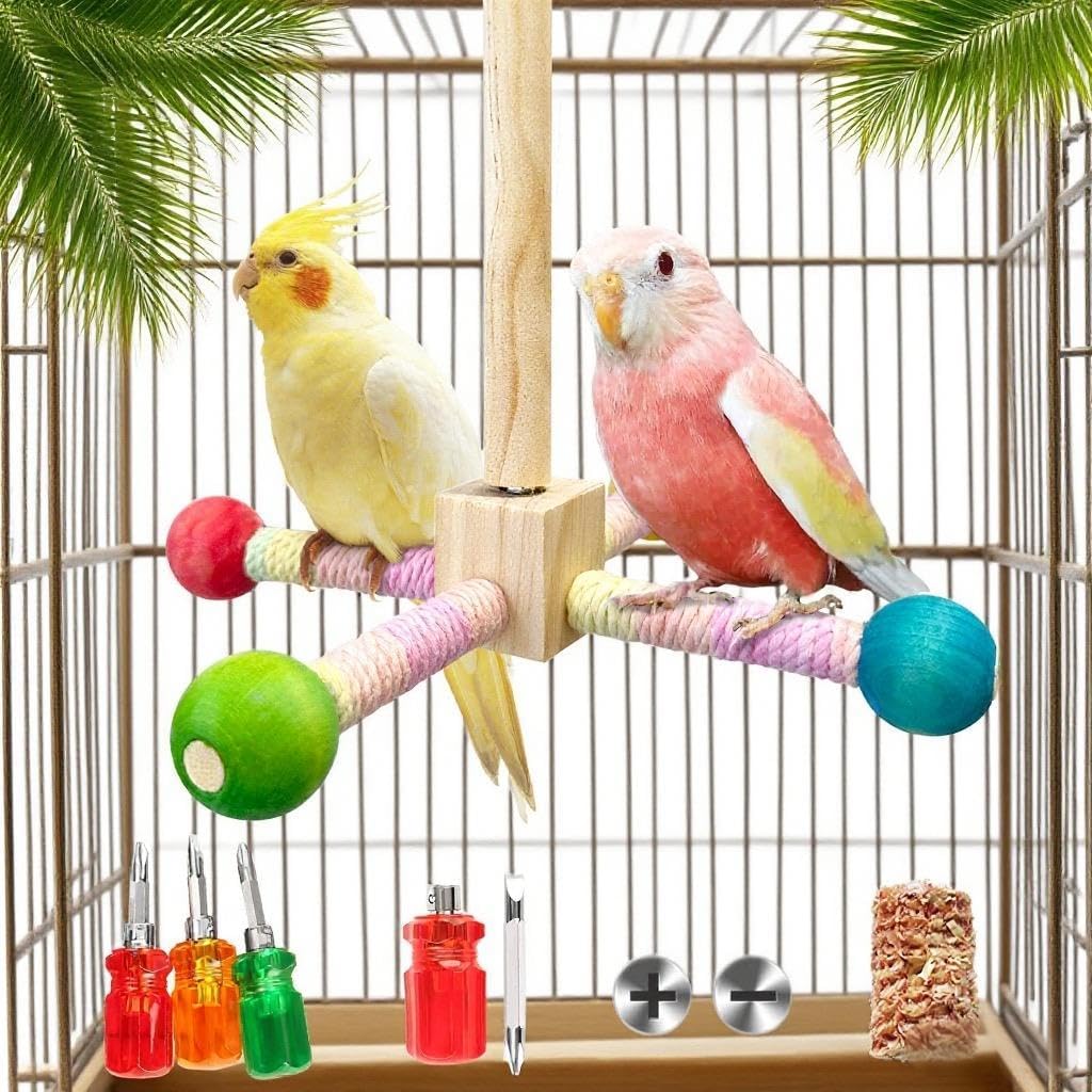 Parakeet Toys, Bird Toy Conure Grass Mat Budgie Shredder Hanging Set Cockatiel Foraging Toys Parrot Climbing WallToy Lovebird Cage Accessories for Small Birds (360 Spinning Toy)