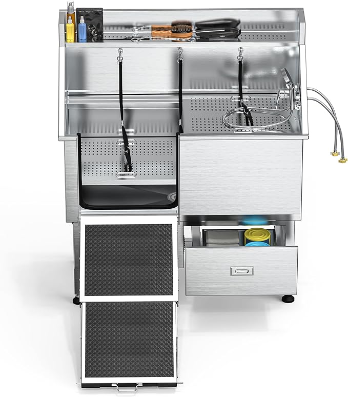 DWVO Professional Dog Bathing Station Stainless Steel 304 Pet Bathtub, 50in Dog Grooming Tub w/Right Door Ramp, 2 Storage Drawers, Grate, Pet Washing Station for Large, Medium, Small Pets