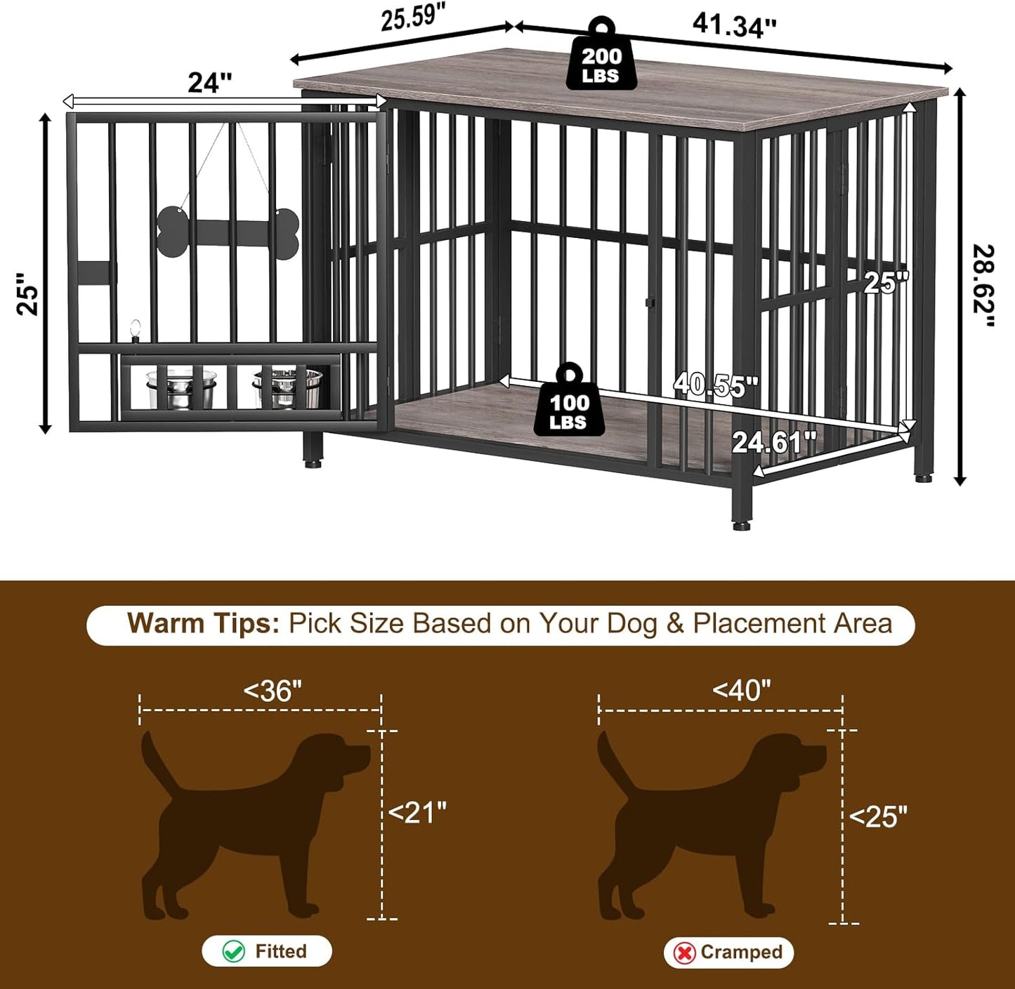 Easycom 41" Dog Crate Furniture Foldable, No Assembly Decorative Dog Kennel Indoor, Dog Crates for Large Dogs (40-65 lbs), Wooden Dog Cage with Adjustable Bowls and Name Tag, End Table, Oak Grey