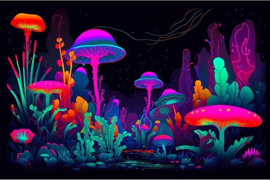 Mushrooms Aquarium Background Mushrooms in Dark Forest with Bright Colors Terrarium Background Tranquil Lake Cartoon Style Aquatic Plants Fish Tank Backdrop Poster Decorations Wallpaper Decor 24x16in