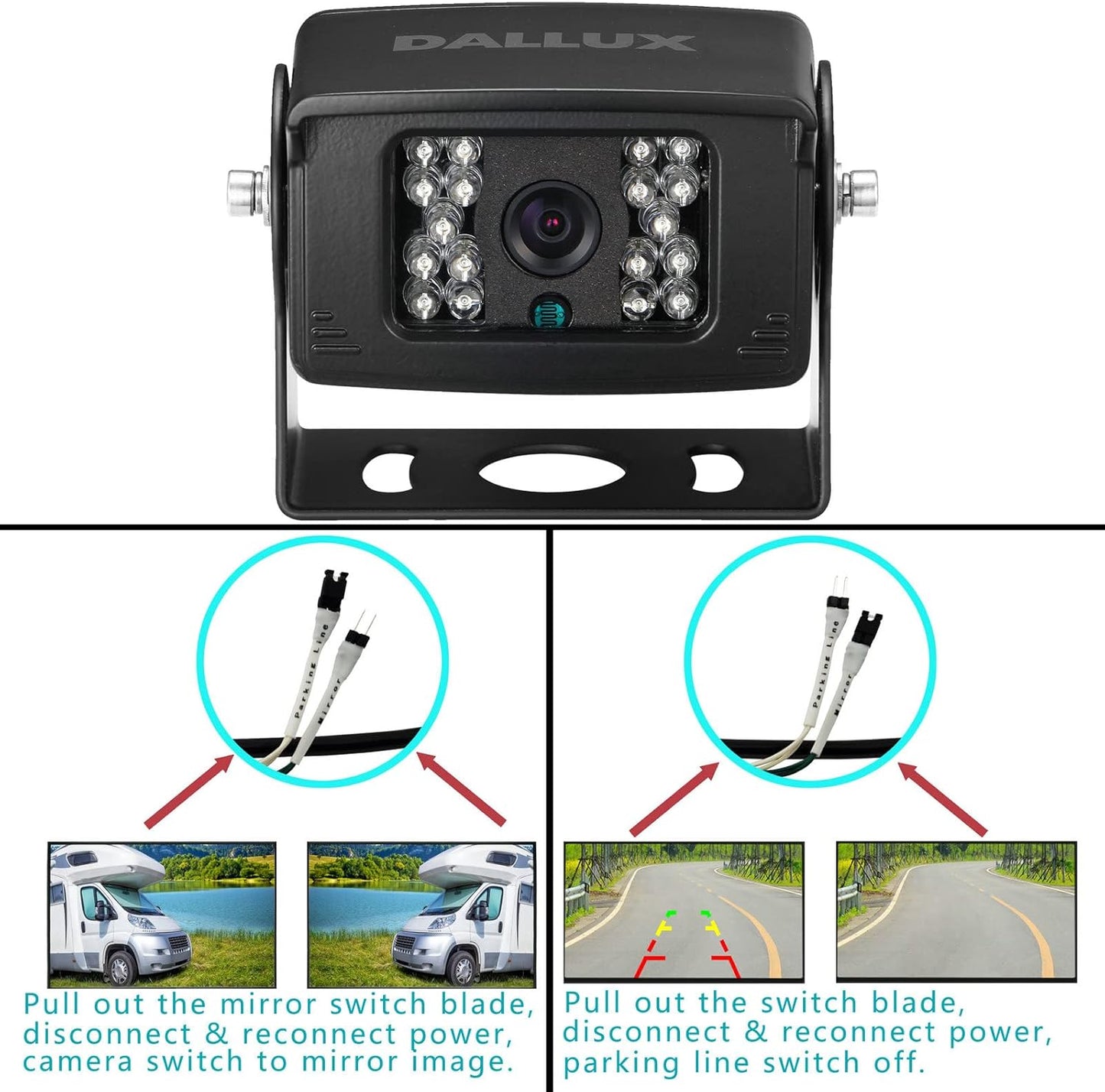 Truck Backup Camera with Parking Line Switch ON/Off for Bus/Travel Trailer/Van/Fifth Wheel/RV Camper