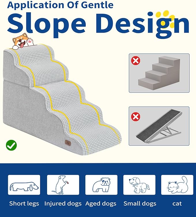 Dog Step for Bed, Dog Stair 5-Step 35D Pet Stair 22.8" H for High Bed or Sofa Non-Slip Balanced Pet Step Indoor, Light Grey