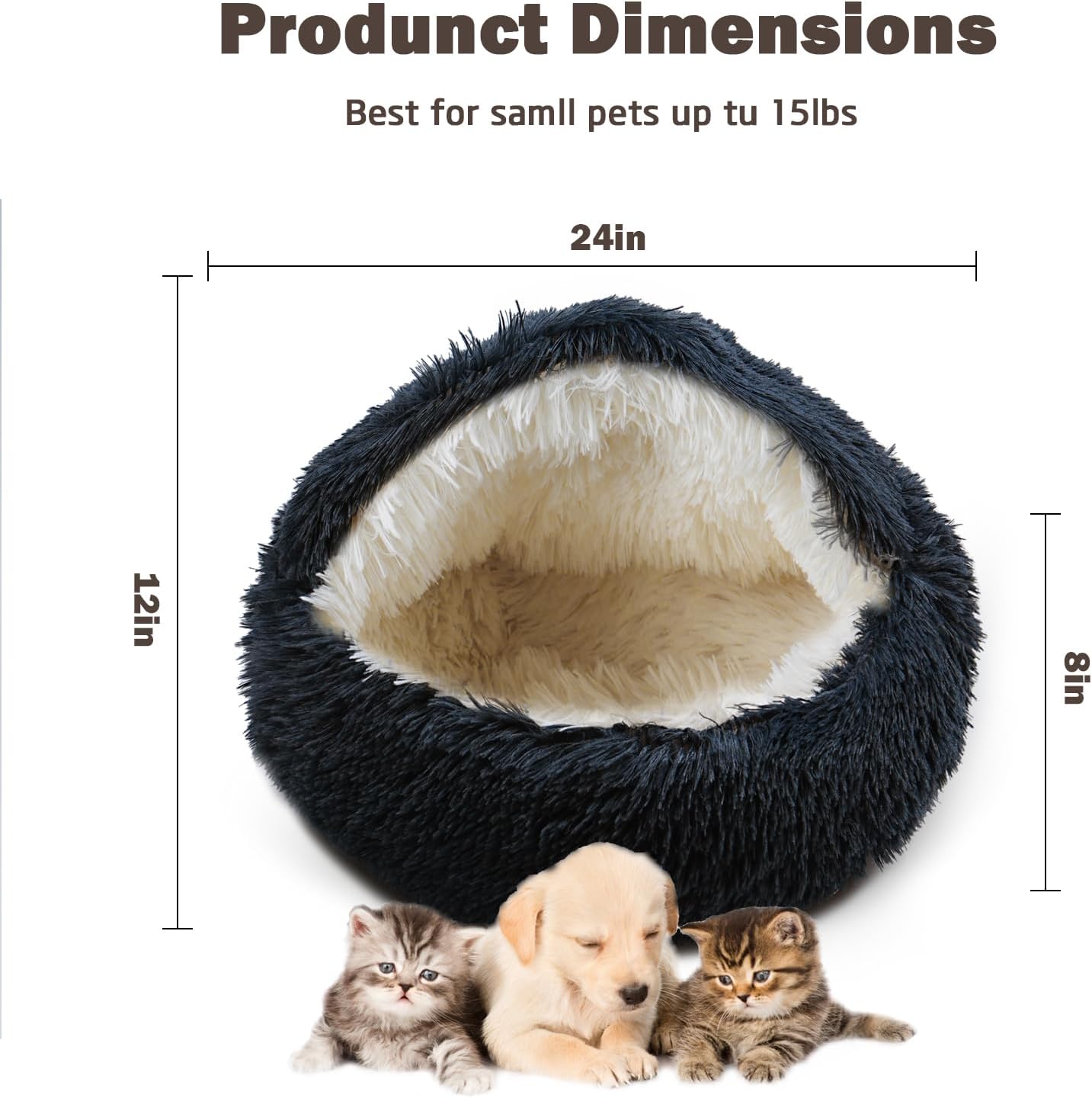 Cat Bed for Indoor Cats, Calming Cozy Cave with Self-Warming Plush, Entire Bed Machine Washable & Anti-Slip Base, Breathable Pet Bed for Small Cats&Dogs All Seasons (Dark Gray, 24 * 24inch)