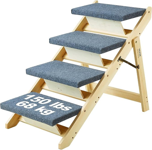 VEVOR Wood Pet Stairs/Pet Steps, 2-in-1 Foldable Wooden Dog Stair for Beds, Sofa and Cars, Dog Stairs & Ramp with 4 Steps for Small Medium Large Pet, up to 150 lbs