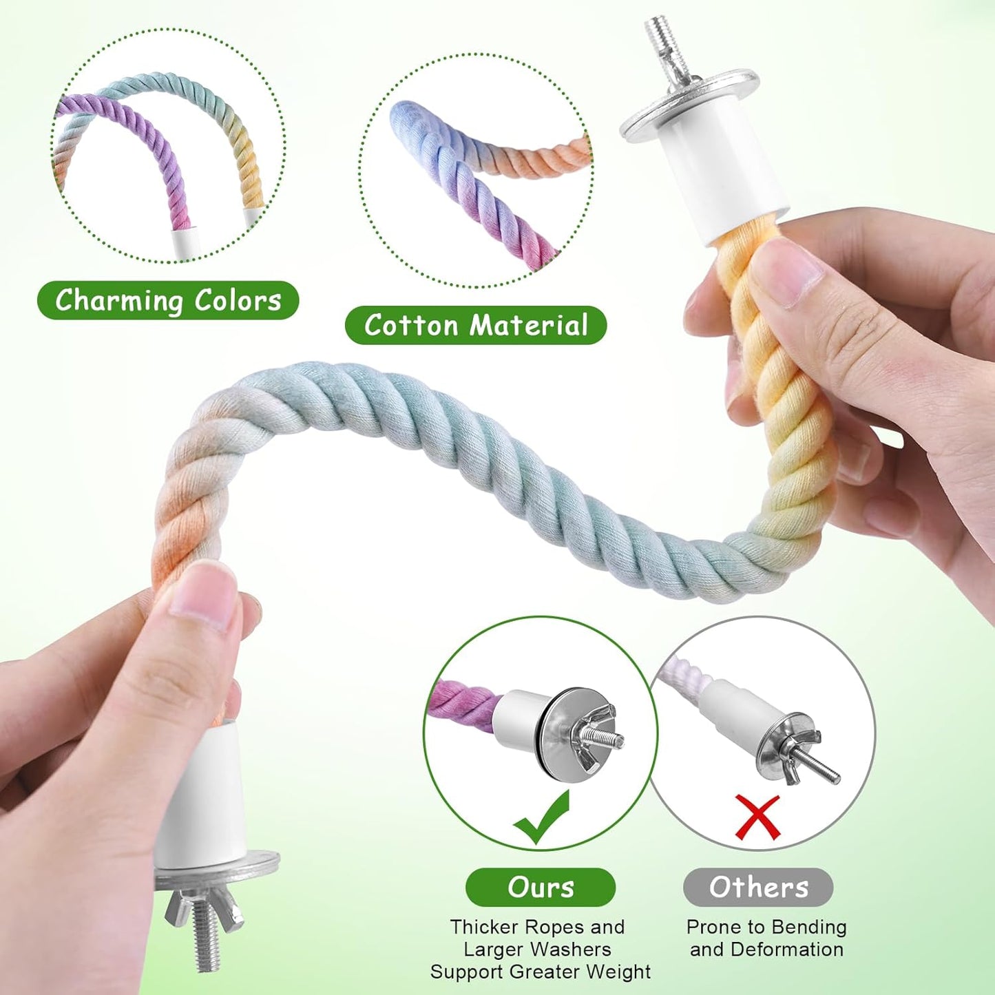 3 Pcs Bird Rope Perches Gradient Color, Bendable Parrot Bird Perch Rope Stand for Cage, Stand Climbing Stand Toy for Cockatiels, Lovebirds, Budgies, Parakeets (2 Long + 1 Short)