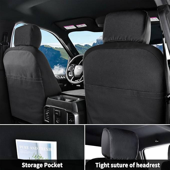 Coverado Front Seat Covers, Waterproof Canvas Seat Protector for Car Seat Cushions for Kids & Dogs, Compatible with 2015-2025 Ford F150 & 2017-2025 Ford F250 F350 F450(Black, 2PCS)