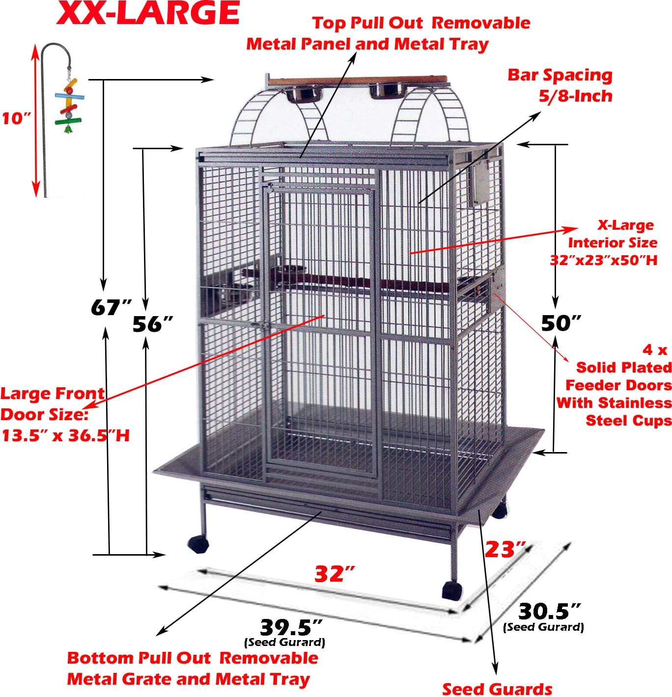 Extra Large Double Ladders Open Play Top Wrought Iron Bird Parrot Parttot Finch Macaw Cockatoo Cage, Include Seed Guard and Toy Hook (32" x 23" x 66"H White Vein)