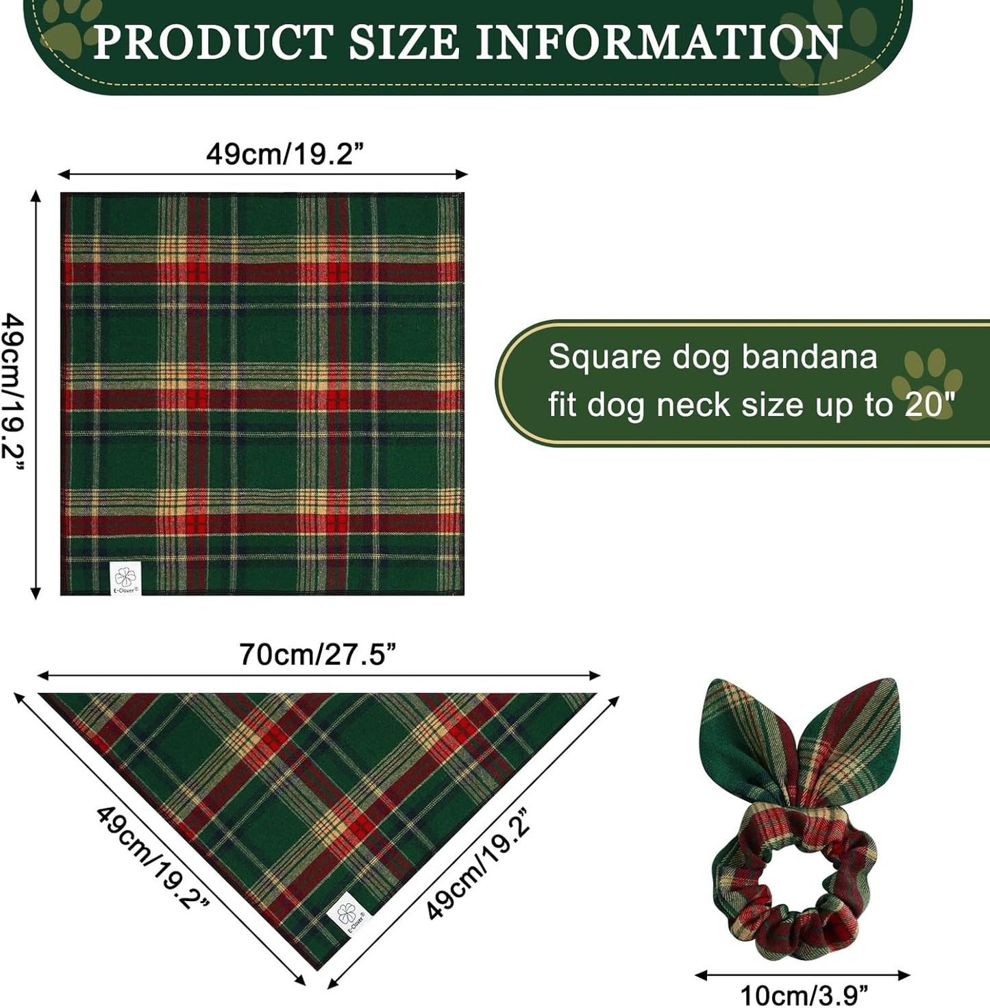 E-Clover Cute Dog Bandanas Plaid Dog Bandana Matching Scrunchie Pet Kerchief Scarf for Medium Large Dogs Boy Girl Green Red