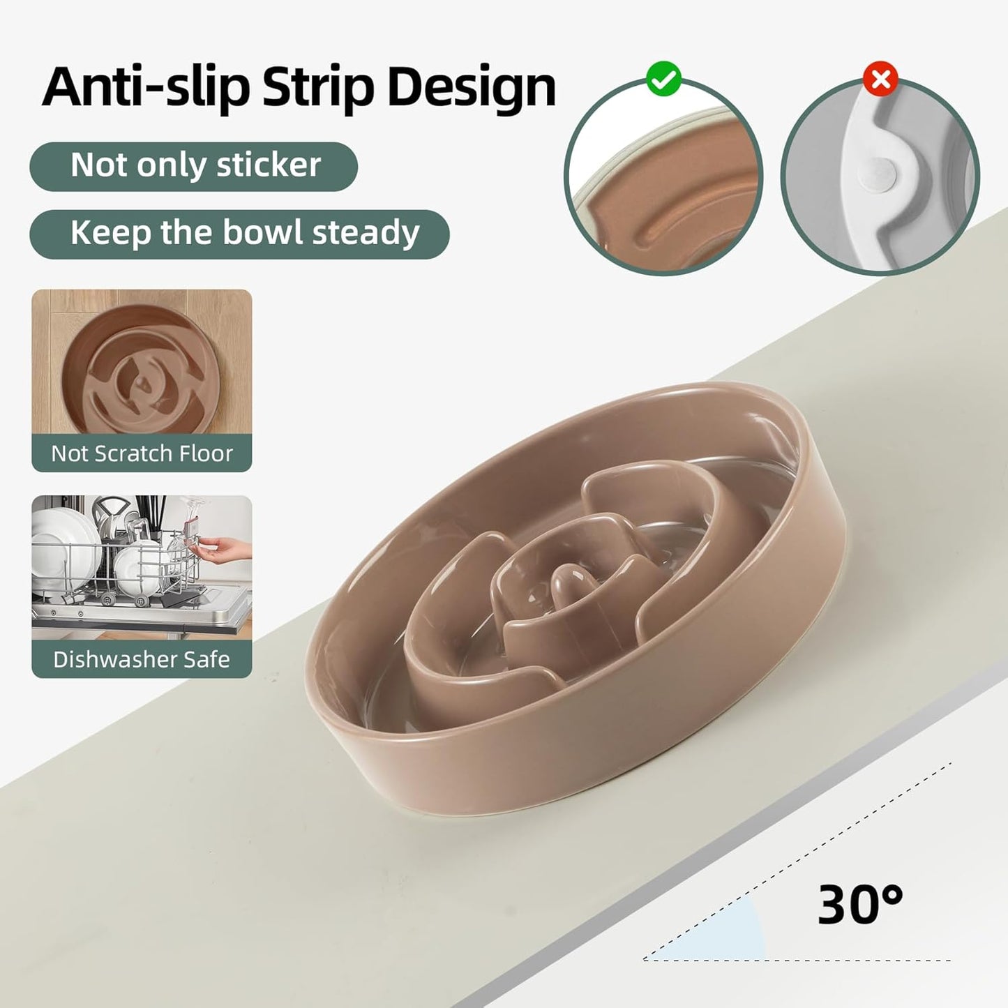 Ceramic Raised Slow Feeder Dog Bowl Set, Elevated 6.1inch Bowl and 7.3inch Puzzle Slow Food Dish with Wooden Stand for Small and Medium Dog, Anti-Gulping (2X Brown Coffee+ Stand)