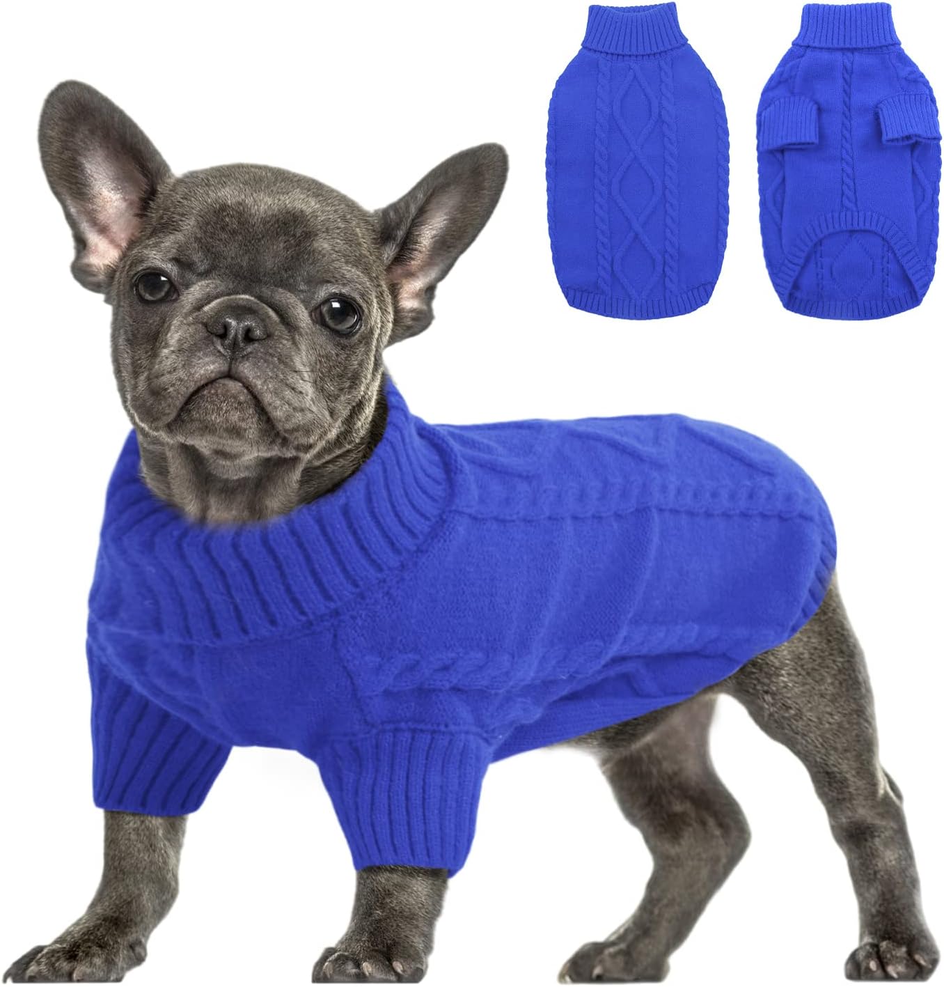 Queenmore Small Dog Pullover Sweater, Cold Weather Cable Knitwear, Classic Turtleneck Thick Warm Clothes for Chihuahua, Bulldog, Dachshund, Pug (Royal Blue, Medium)