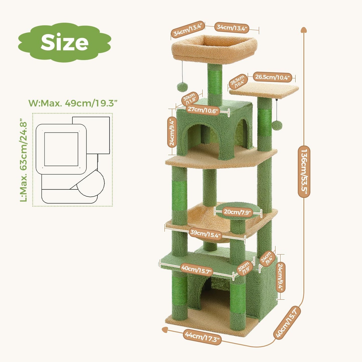 PAWZ Road Cat Tree, 53.5 Inches Tall Cat Tower with Spacious Hammocks, Condos and Scratching Posts, Cat House with Dual Padded Perches for Indoor Large Cats-Green
