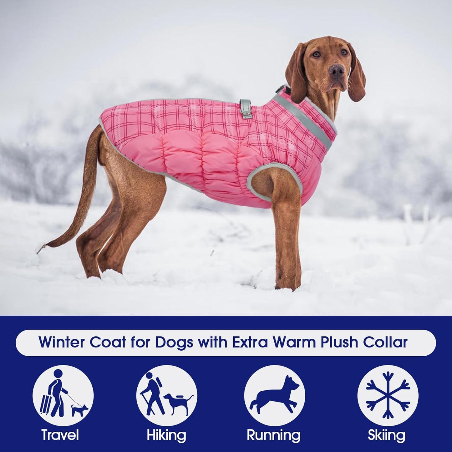 FUAMEY Dog Coat for Large Dogs,Waterproof Dog Winter Jacket with Harness Built in Puppy Cold Weather Coats Reflective Pet Vest with Zipper Warm Fleece Dogs Snowsuit Windproof Rose Plaid 3XL