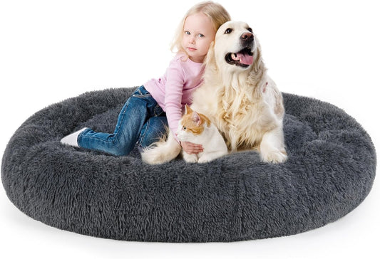 Dog Bed, Cat Calming Bed, Faux Fur Pillow Pet Donut Cuddler Round Plush Bed for Large Medium Small Dogs and Cats (Dark Grey, 49.0" L x 38.0" W x 7.0" Th)
