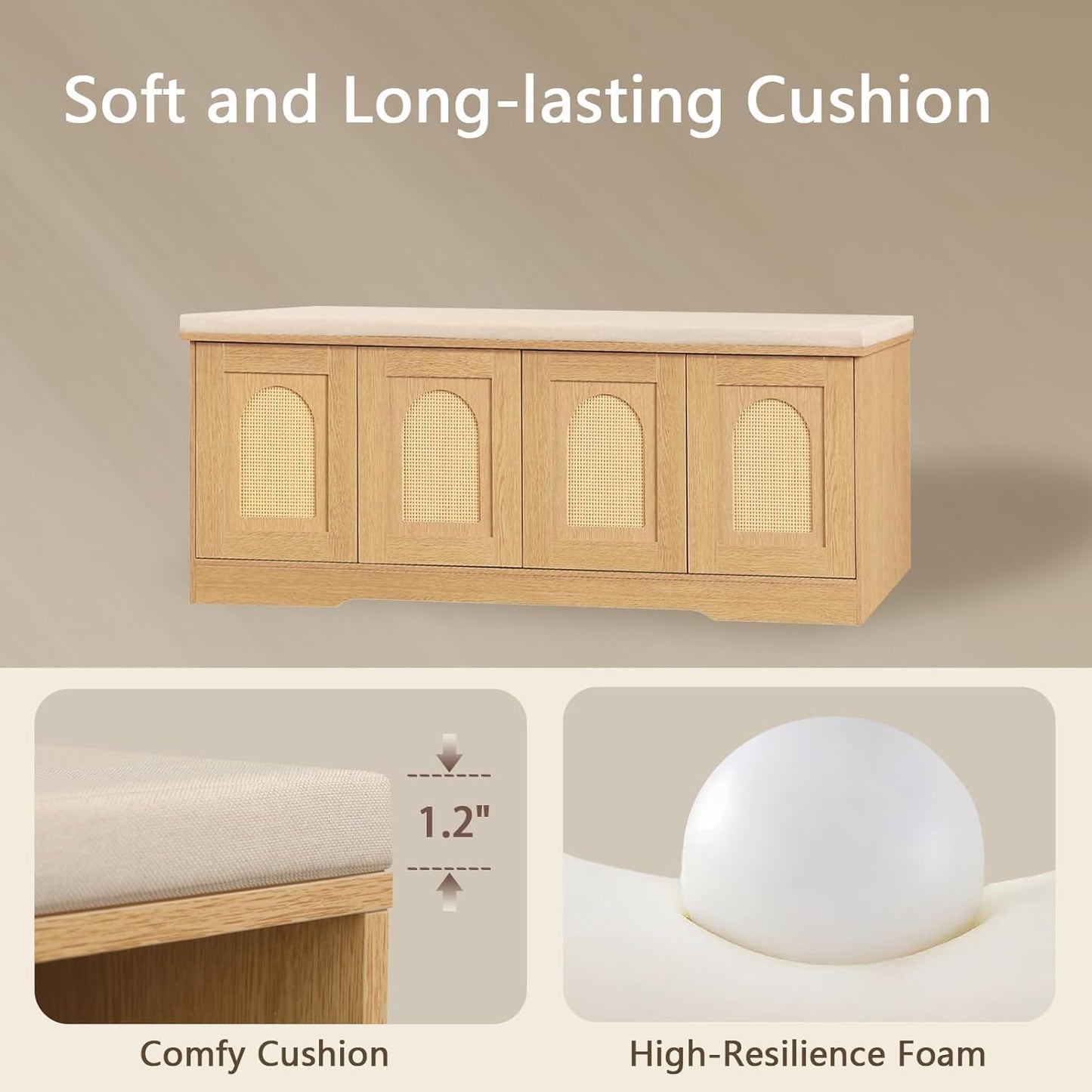 DINZI LVJ Shoe Bench, Entryway Storage Bench with Doors, Cushion, 2-Tier Shoe Rack with 8-Cubby, 47.2”L x 13.8”W Shoe Organizer Cabinet, Adjustable Shelf, Living Room, Bedroom, Natural with Rattan