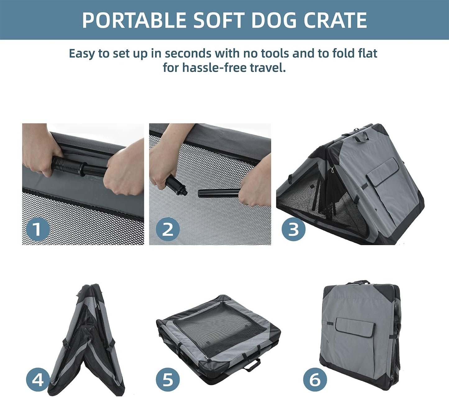 Pettycare 42 Inch Collapsible Foldable Soft Dog Kennel with Chew Proof Mesh Windows, Indoor & Outdoor Travel Dog Crate