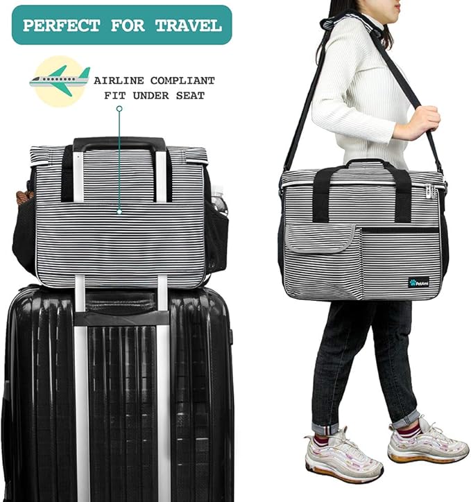 PetAmi Dog Travel Bag - Travel Pet Organizer with Food Container and Bowls, Perfect for Weekend Camping, Cat Diaper Bag (Stripe Black, Medium)