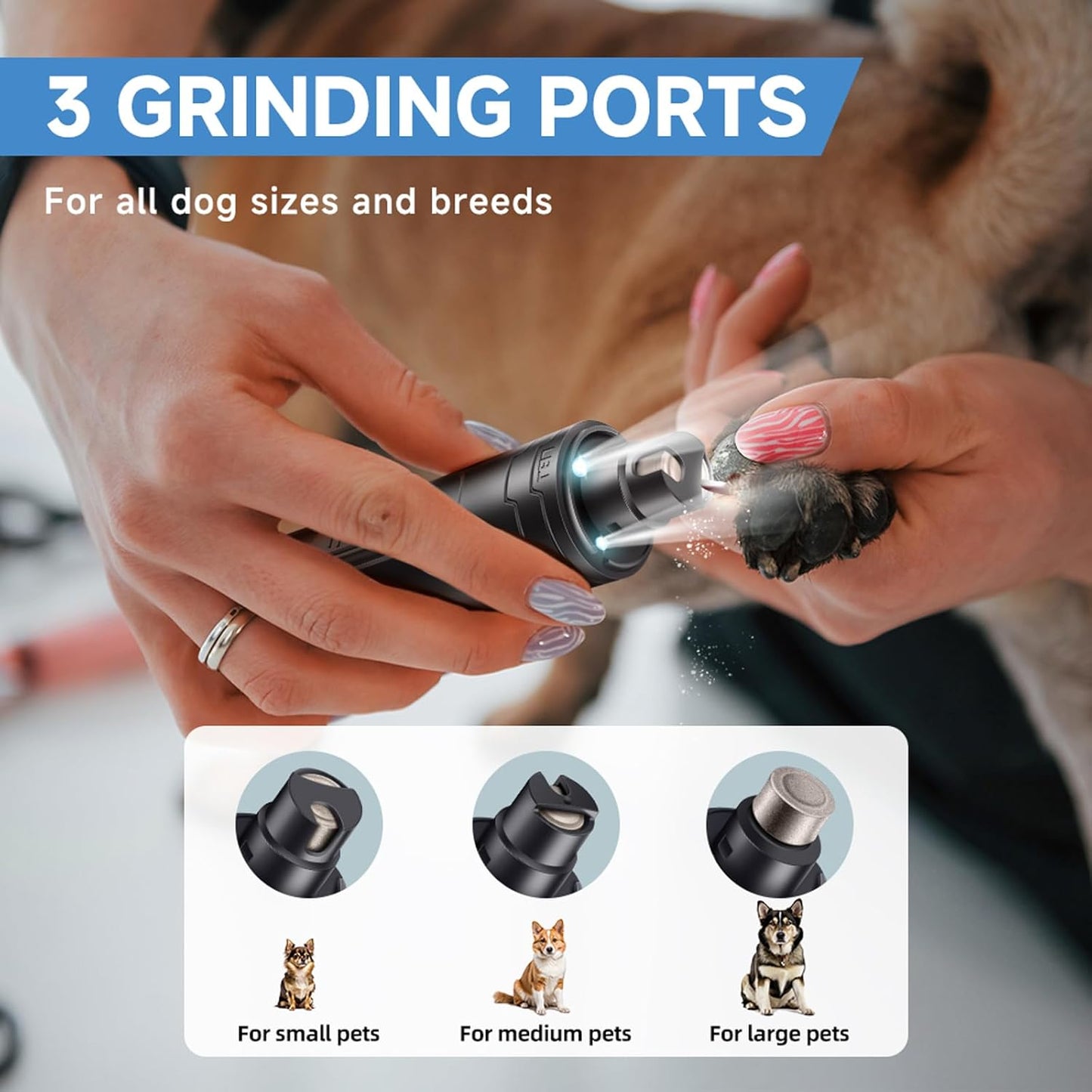 Dog Nail Grinder Quiet 2-Speed Pet Nail Grinder with 3 Led Lights and 3 Ports Rechargeable Electric Dog Nail Trimmer for Large and Small Dogs/Cats and Small Animals Safe (Black)
