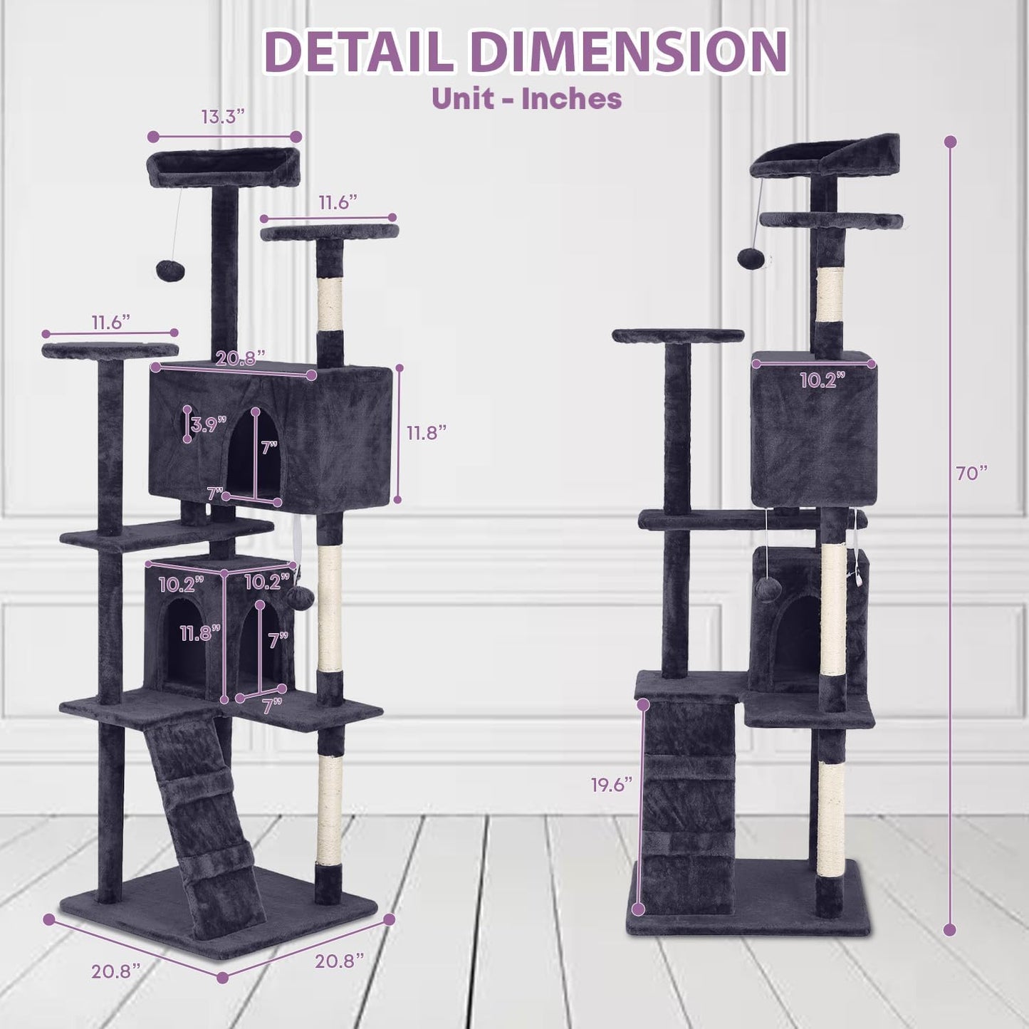 70 Inches Cat Tower for Indoor Cats, Multi-Level Cat Condos with Scratching Posts, Hanging Toys, Ashy