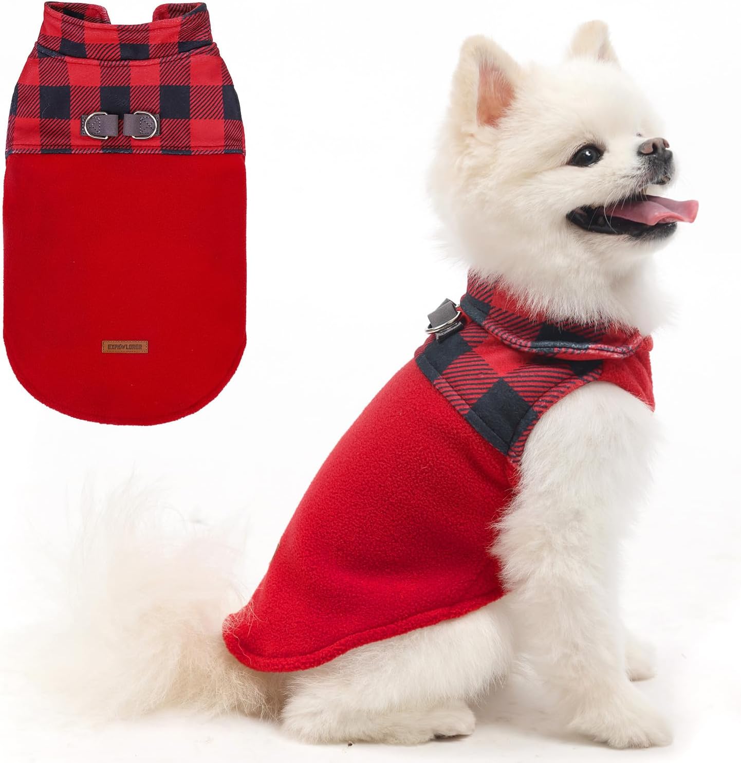 EXPAWLORER Fleece Dog Sweater for Small Medium Dogs - Classic Plaid Jacket, Doggie Winter Coat Vest with 2 D-Rings for Leash, Cold Weather Clothes,Pet Apparel,Sweatershirt for Boy or Girls