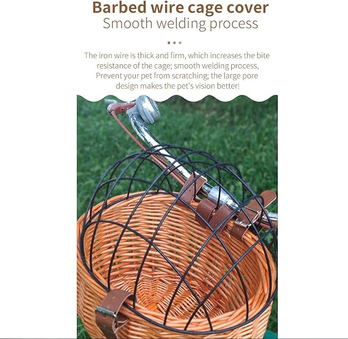 Shiker Bicycle Basket with Wire Mesh Cover, Wicker Bike Basket for Small Dogs Cats, Front Handlebar Bike Basket, Easy to Detachable, 11.81 x 9.84 inch