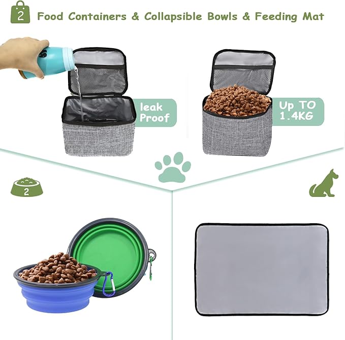 WOLT Dog Travel Bag Dog Bag for Traveling and Supplies with 2 Collapsible Bowls, 2 Food Containers, 1 Place Mat, Grey
