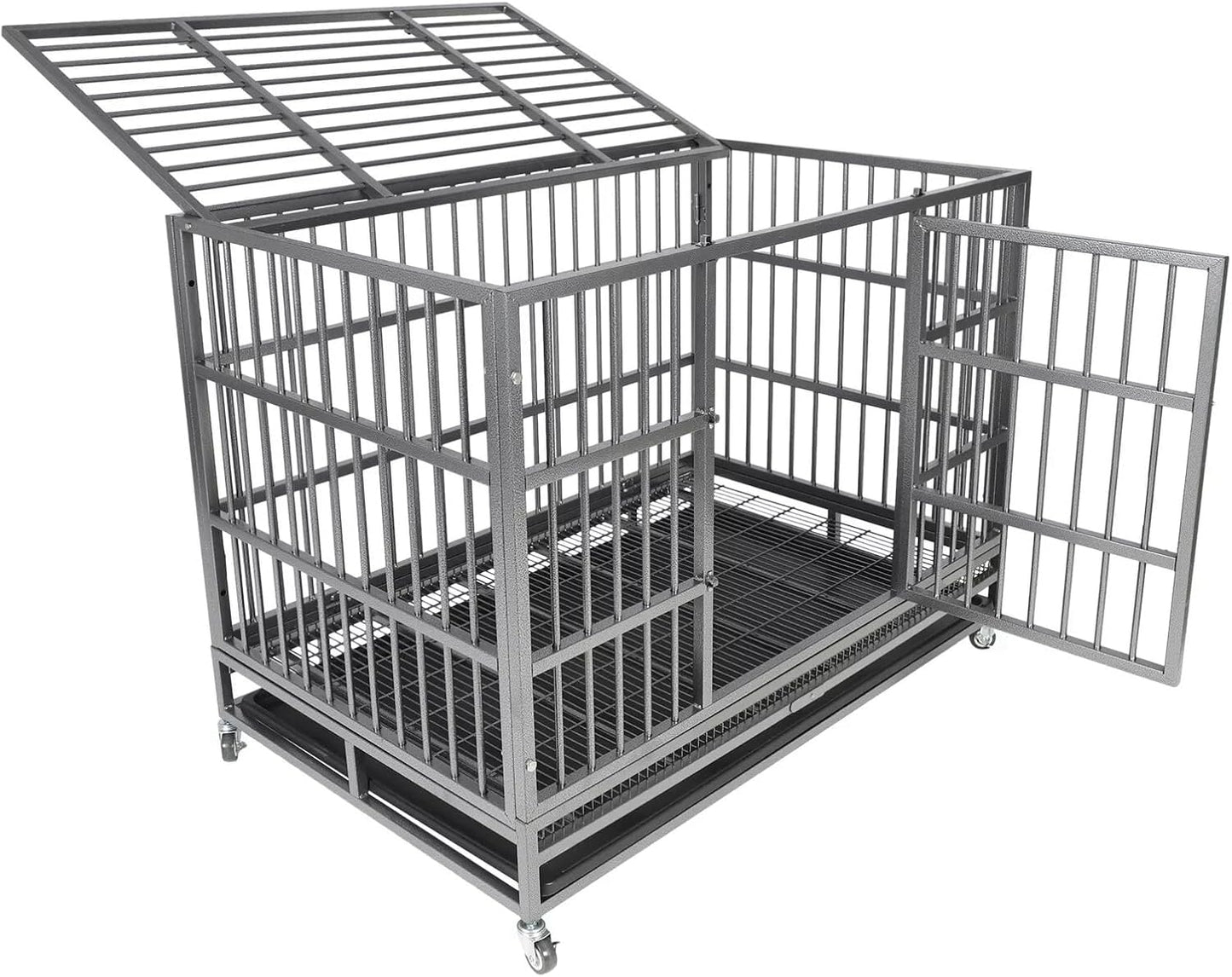 Indestructible Dog Crate Cage Kennel, 47 inches, High Anxiety Dog Crate with Removable Trays, Wheels and Double Door, for Medium and Large Dogs