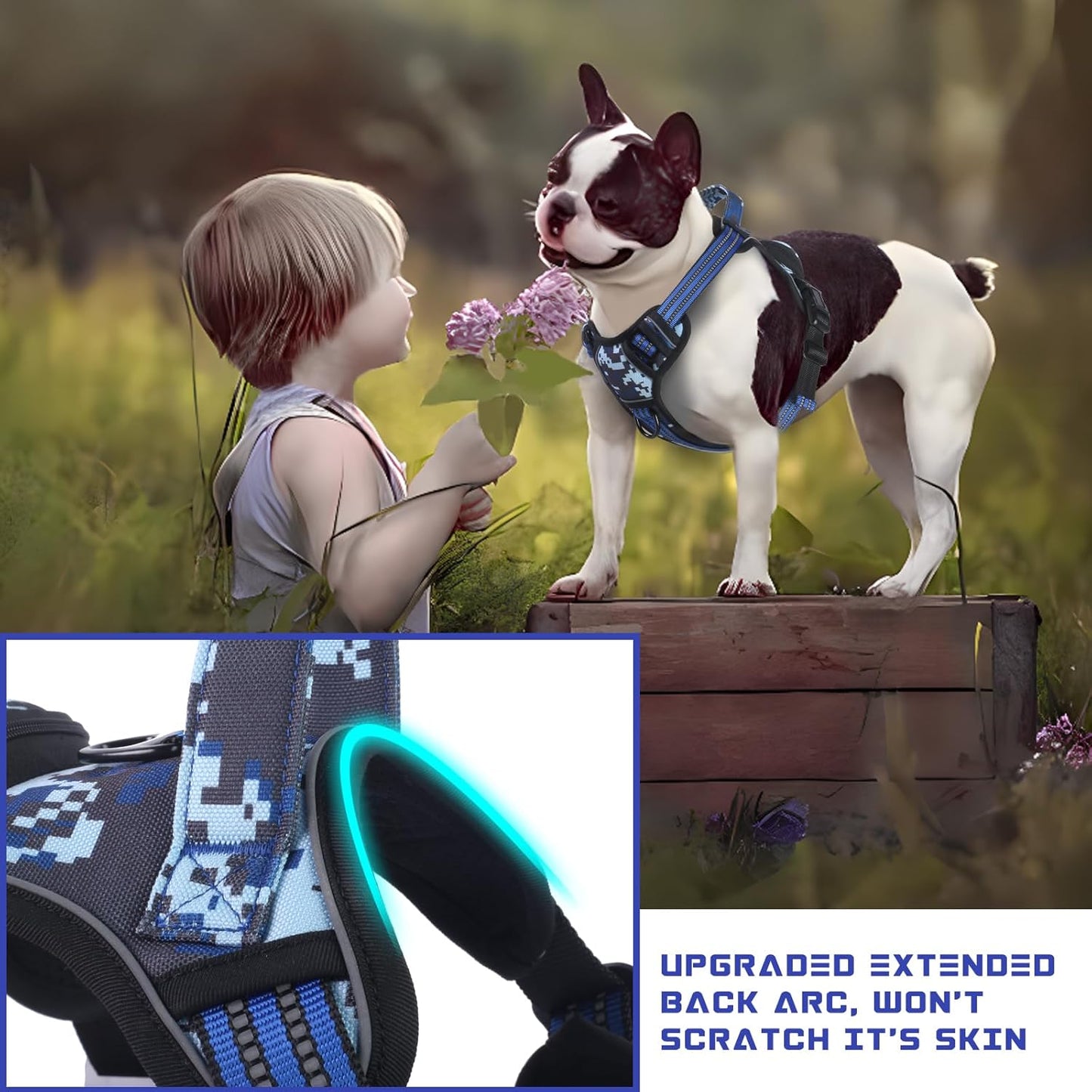 BUMBIN Dog Harness for Large Dogs, No Pull Adjustable No Choke Pet Vest with Dog Leash Fit Smart Reflective Pet Walking Harness for Training Easy Control Soft Handle Blue Camo M