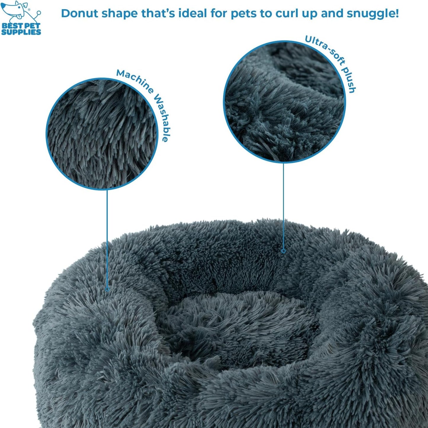 Best Pet Supplies Round Donut Dog Bed with Plush Faux Fur Fabric, Calming, Anti-Anxiety Cushion for Indoor Pets, Slip-Resistant Base, Soft Ergonomic Support - Gray, 27x27x7.5''