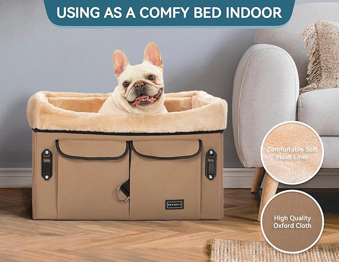 Petsfit Dog Booster Car Seat for Medium Dog or 2 Small Dogs with Patent Buckles, Washable Pad, Upgraded Pet Car Seat for Dogs Up to 45 lbs (Medium, Tan)