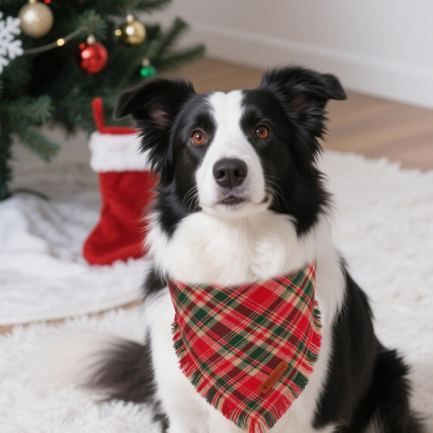 ADOGGYGO Christmas Dog Bandanas with Tassels Edges, Stylish Red Plaid Xmas Scarf, Multiple Sizes, Christmas Bandanas for Medium Large Dogs (Large)