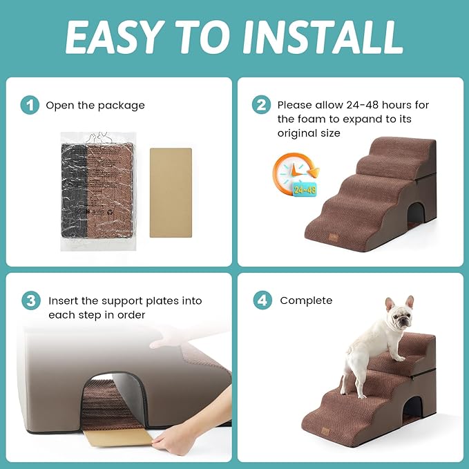 Wide Dog Stairs with Tunnel, Foam Detachable Large Dog Step for Small Pet, Puppy or Cats, Medium Pet Ramp for High Bed, Couch, Sofa or Car, 19.7x33x22.4 inch, 5 Step, Brown