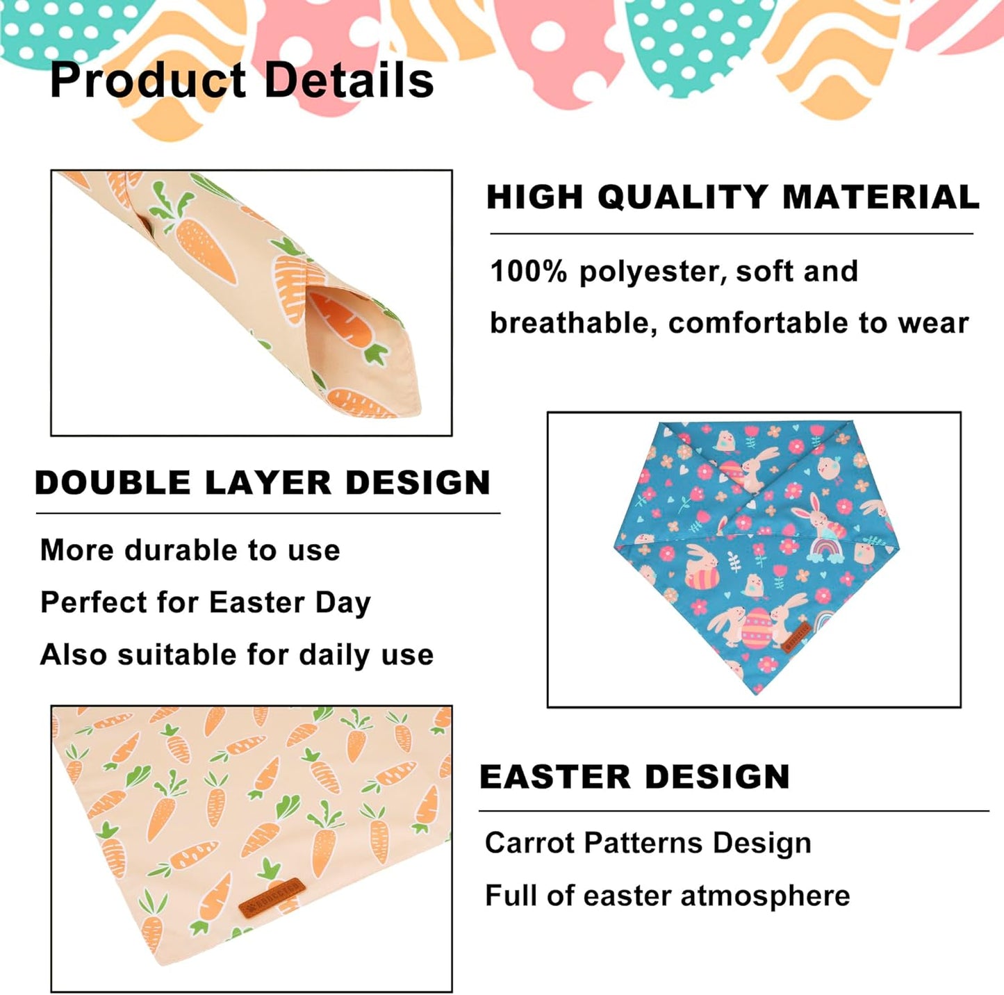 ADOGGYGO Easter Dog Bandanas, Rabbit Carrot Pet Scarf, Multi Size Offered, Orange Blue Easter Bandana for Medium Large Dogs Pets (Large)