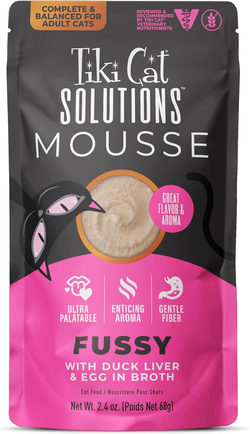 Tiki Cat Solutions Fussy Mousse, Duck Liver & Egg, Specially Formulated to Support Healthy Digestion, Functional Wet Cat for Adult Cats, 2.4 oz. Pouch (12 Count)