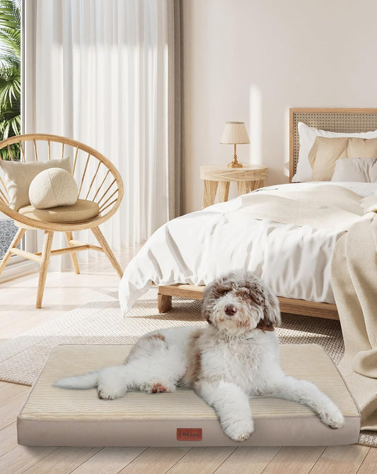 OhGeni Orthopedic Waterproof & Machine Washable Dog Bed for Medium Large Pets, Suitable for Crates, Cat Mat with 25D Egg Crate Foam, Removable Cover & Invisible Zipper, 35 Inches(Khaki)