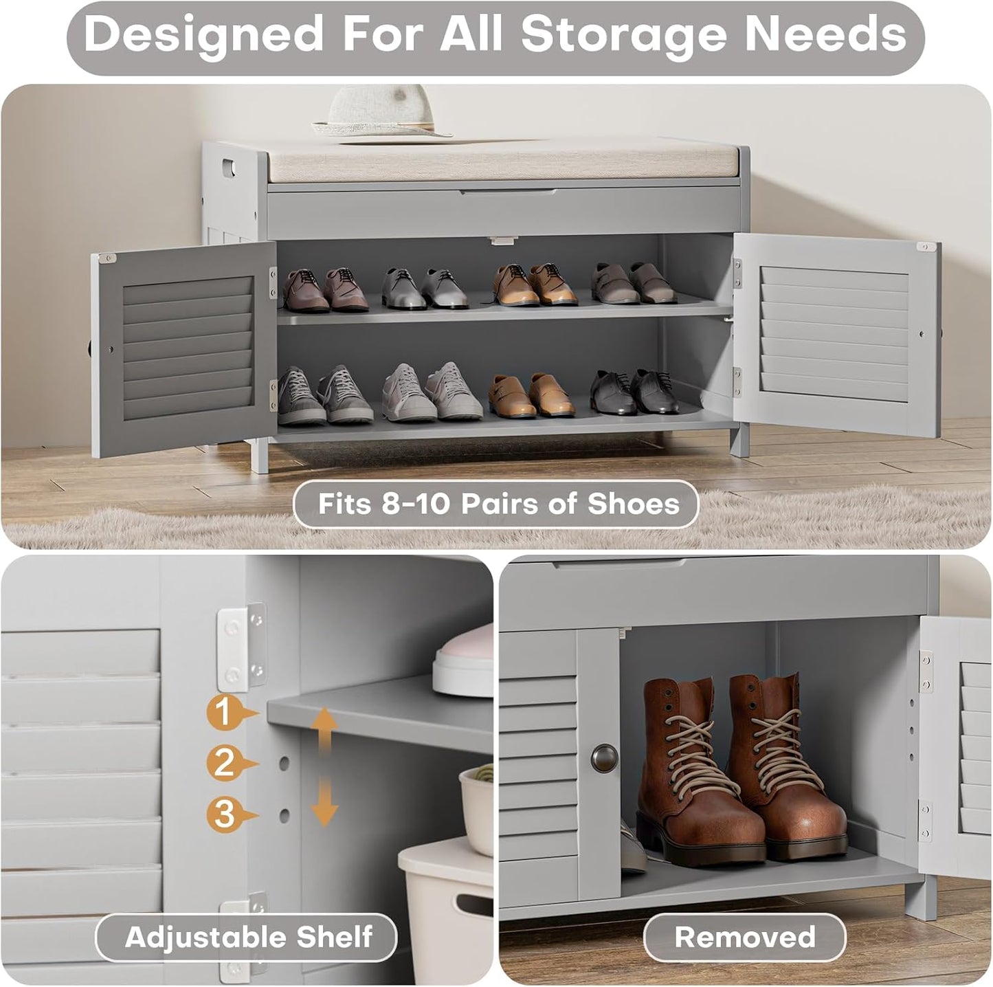 Shoe Storage Bench with Lift Top Storage, Entryway Bench with Cushioned Seat, Adjustable Shelf, 2 Tier Shoe Rack with Doors for Entryway, Bedroom, Hallway, Mudroom, Grey
