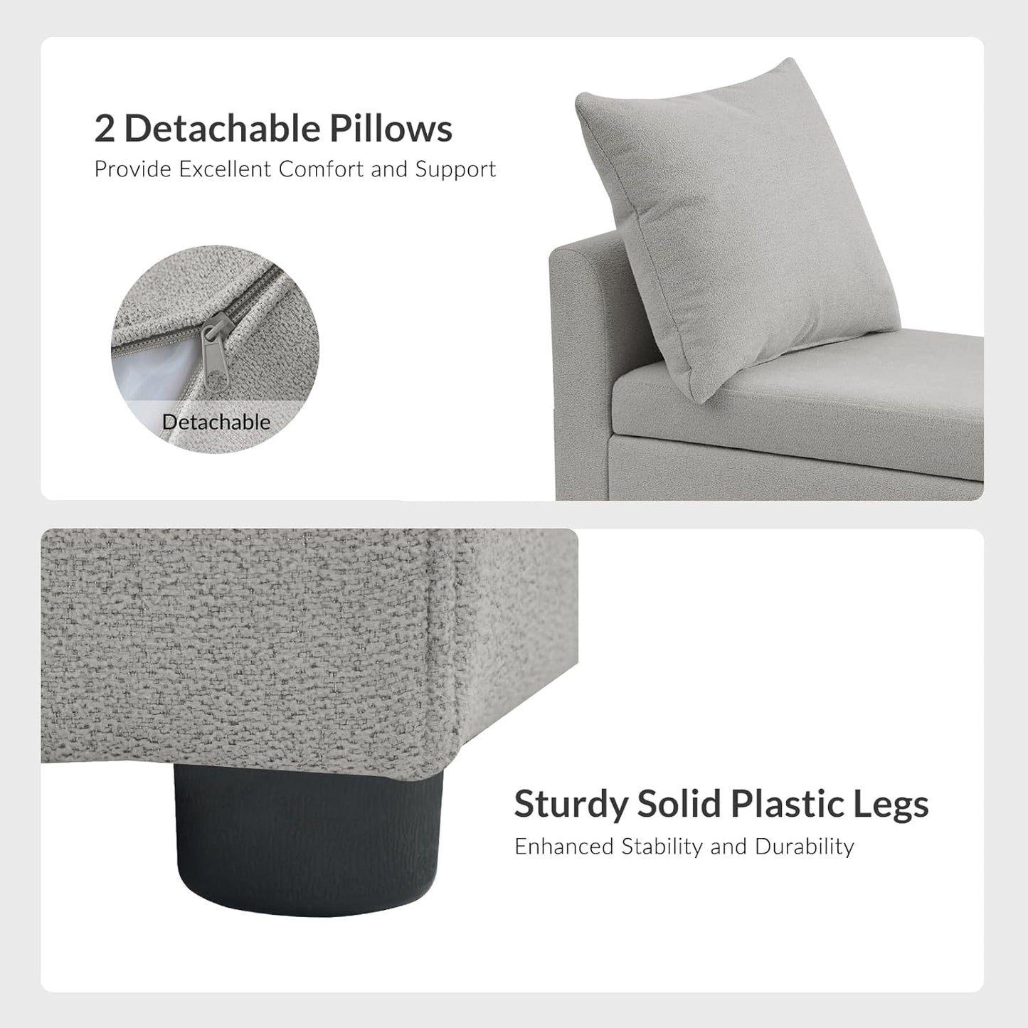 HULALA HOME Modern Storage Ottoman Bench with Throw Pillows, 59" Extra Long End of Bed Bench with Storage Pocket, Comfy Upholstered Footstool for Bedroom Entryway Living Room, Grey