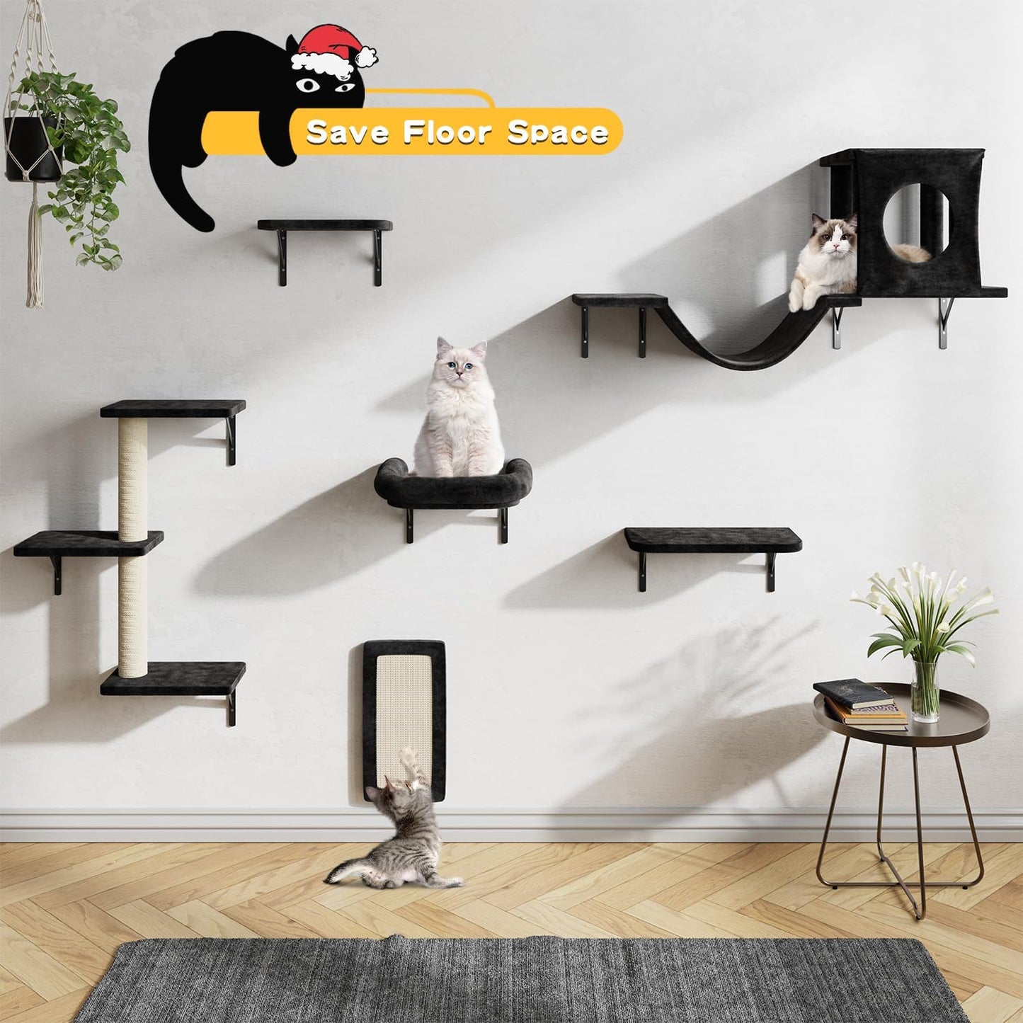 NUNU LAB Wall Mounted Cat Furniture, 6 Pcs Cat Wall Shelves with Condo House, Bridge, Steps, Scratcher, Hammock, Indoor Safe & Stable Furniture for Kittens Play, Black