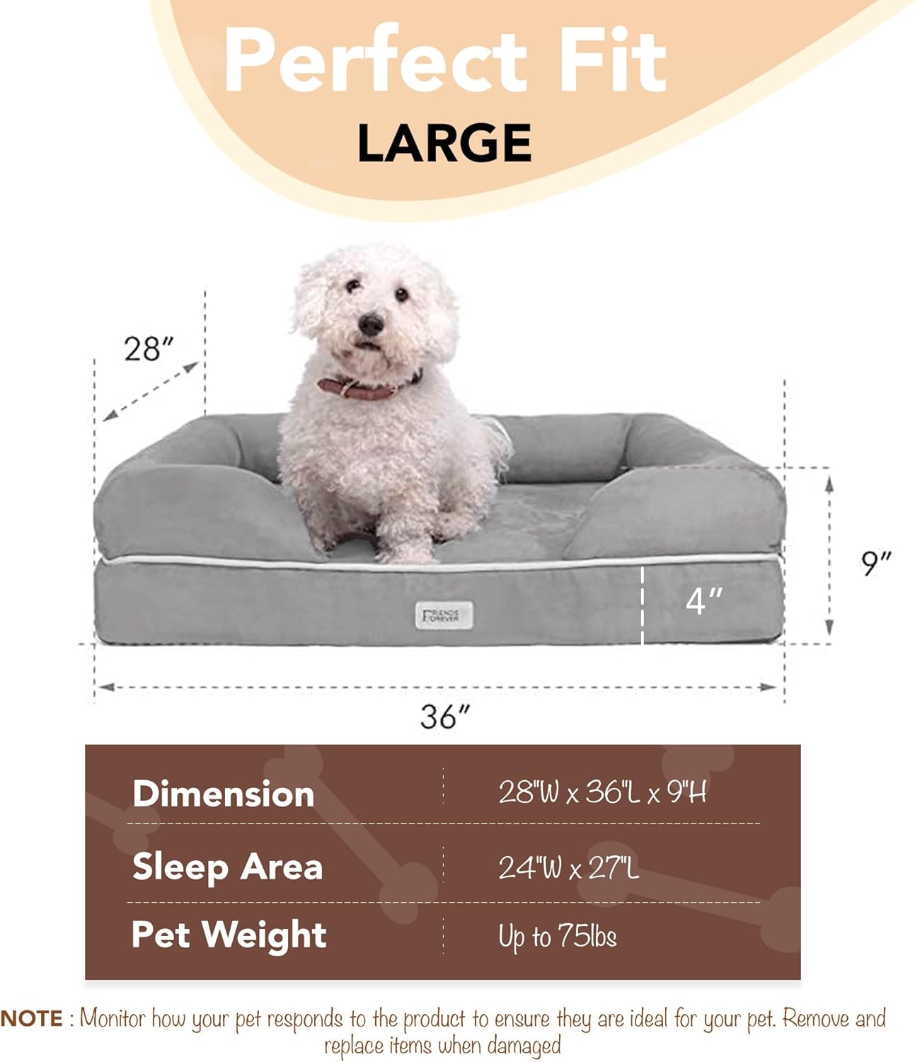 Friends Forever Large Dog Bed, Orthopedic Pet Sofa Memory Foam Mattress, Calming Dog Couch, Wall Rim Pillow, Water Resistant Liner, Washable Cover, Non-Slip Bottom, Chester, Large Grey