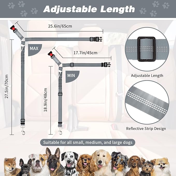 BWOGUE 2 Piece Dog Seat Belt for Car with Elastic Bungee Buffer Safety Seatbelt Car Headrest Restraint Wear Adjustable Metal Buckle Harness in Vehicle Travel for Pet