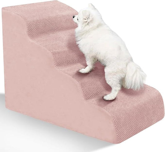 Dog Stairs for Small Dogs - High Density Foam Pet Steps, Extra Wide Dog Ramp with Non-Slip Bottom for High Beds, Couch and Sofa, Best for Dogs Injured, Older Doggy Cats,4 Stpes, Pink