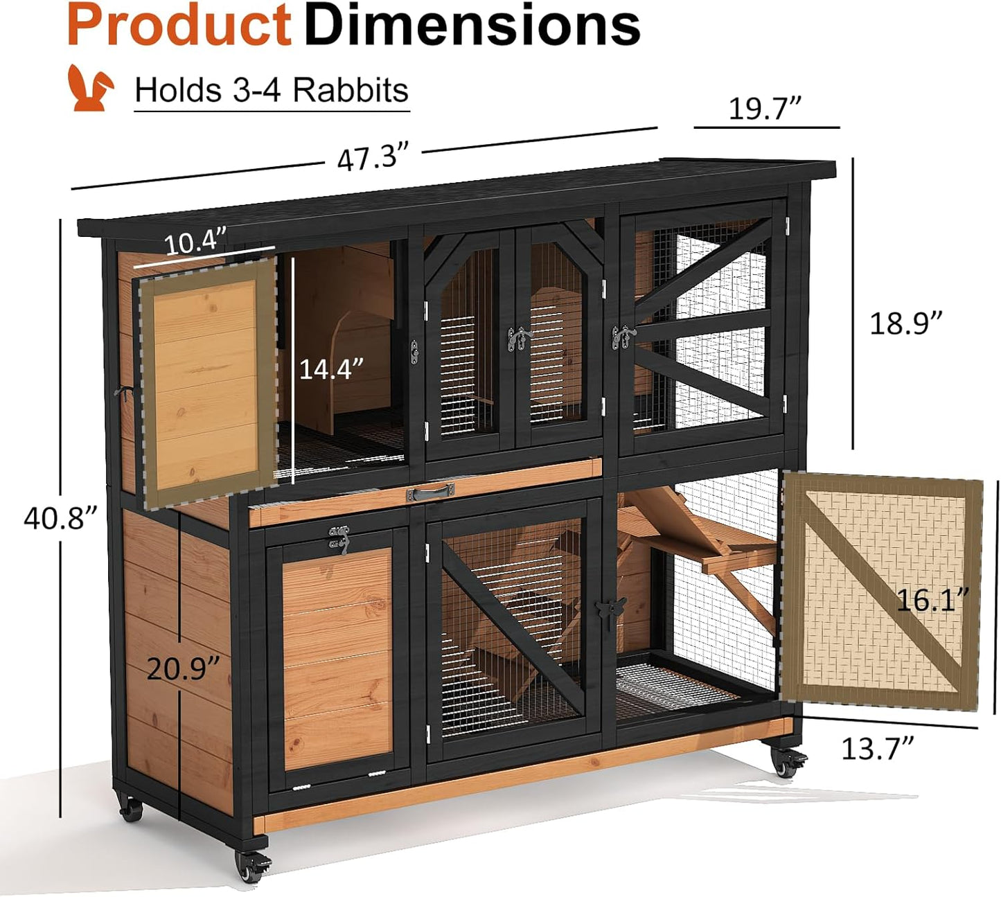 47.3" Two Story Rabbit Cage Bunny Cage Indoor, Wooden Rabbit Hutch Hamster Cages for Small Animals, Outdoor Guinea Pig Cages with Wheels & 2 Removable Trays & Bottom Wire Mesh