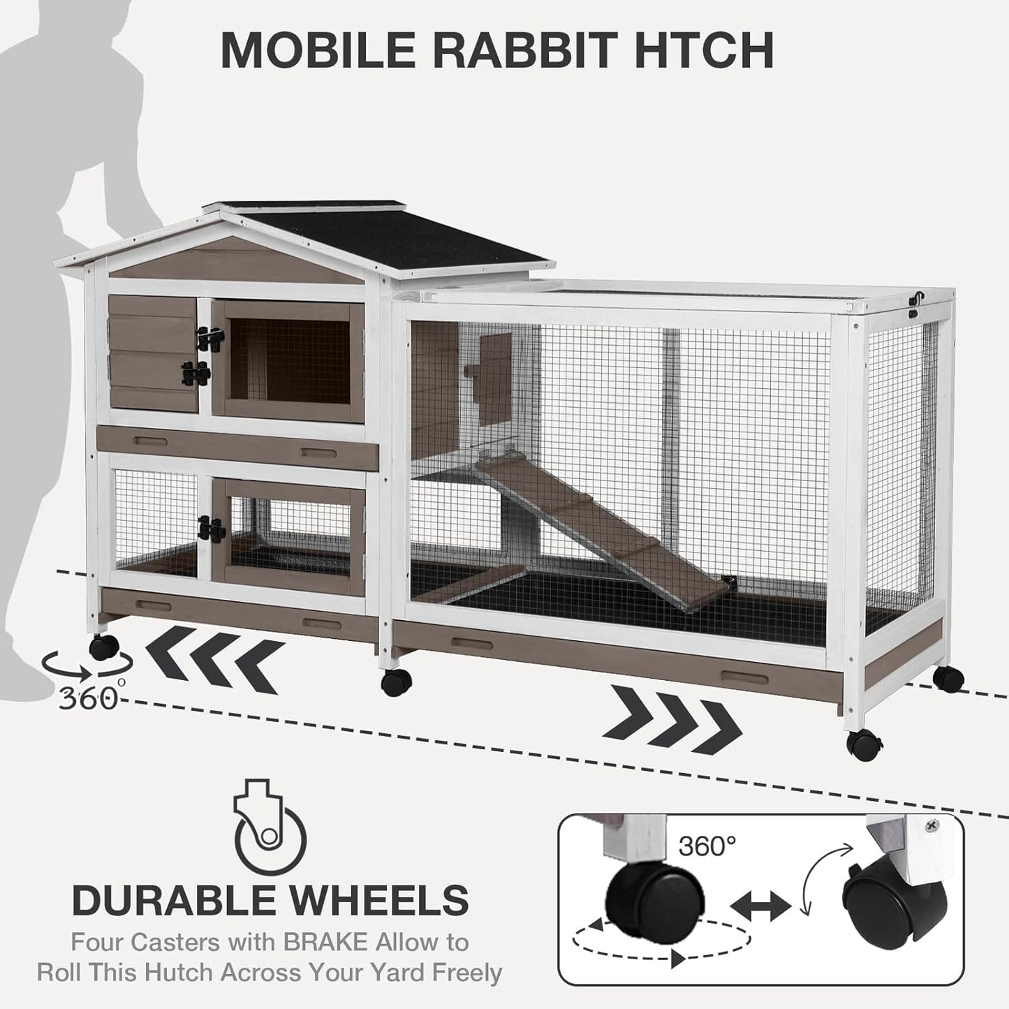 2-Story Indoor Rabbit Hutch with Chew-Proof Outdoor Rabbit Cage with 6 Locking Casters Bunny Cage 2 Pull-Out Trays Guinea Pigs Cage 62" Brown
