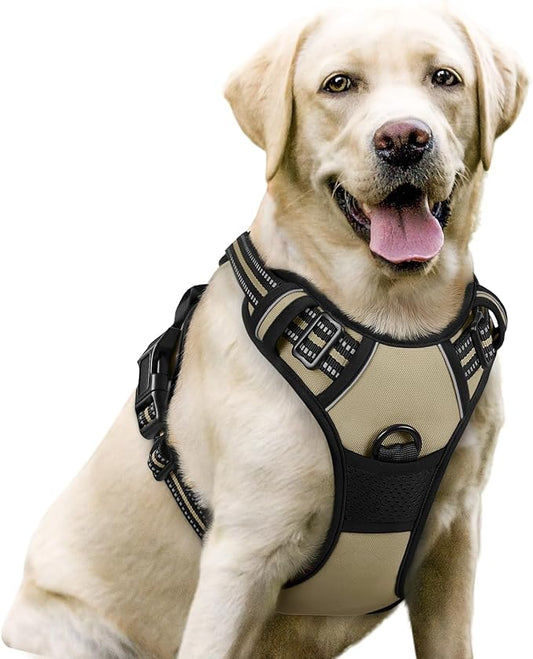 rabbitgoo Dog Harness No Pull with 2 Leash Clips, Adjustable Soft Padded, Reflective Oxford No Choke Pet Vest with Easy Control Handle for Large Dogs, Beige, L
