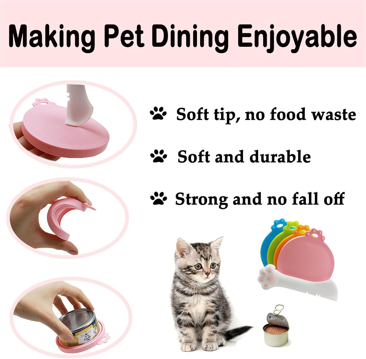 Food Can Spoon & Lids, One Multi-Functional Opener Spatula, 4 PCS BPA Free Silicone Universal Can Covers, Cute Paw Shape Spoon for Cat Dog Wet Food (Pink)