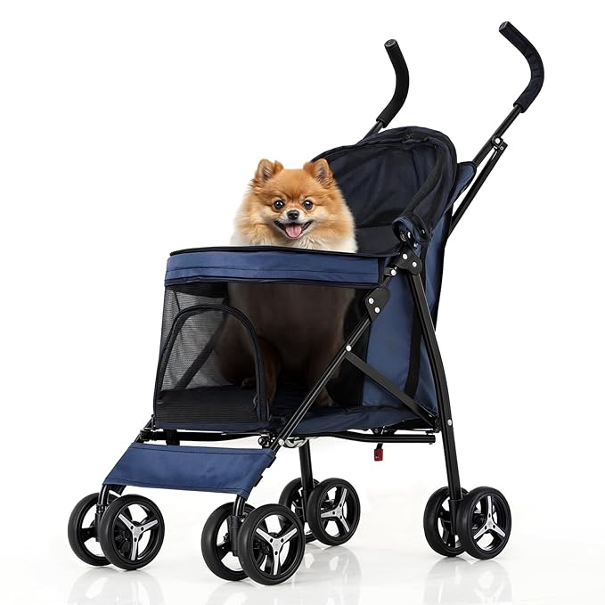 MoNiBloom 4 Wheels Pet Stroller, Easy-Fold Puppy Cage Jogger Stroller with Sun Cover, Pad and Rear Storage Bag, Breathable and Visible Mesh for Small/Medium Pets up to 22 lbs, Navy Blue